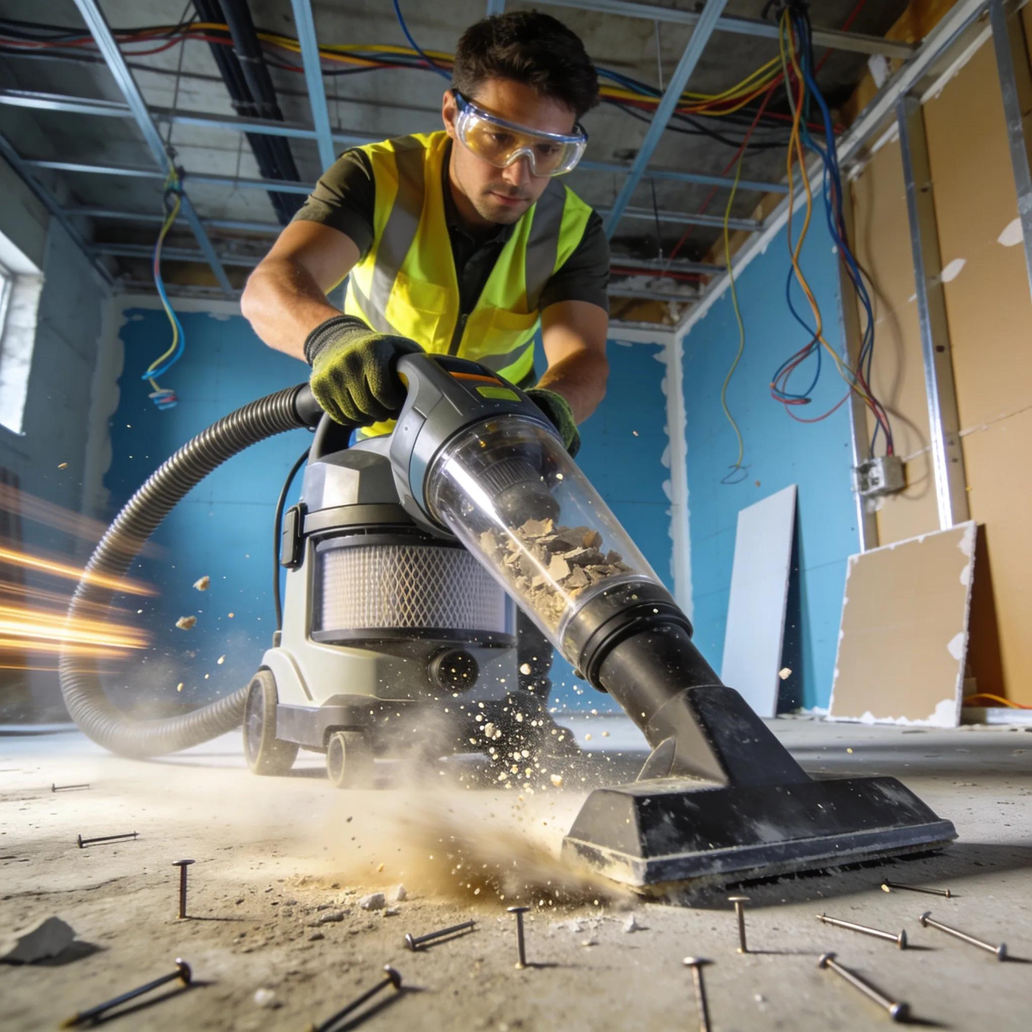 Construction worker using industrial vacuum for dust and debris removal after builders cleaning.