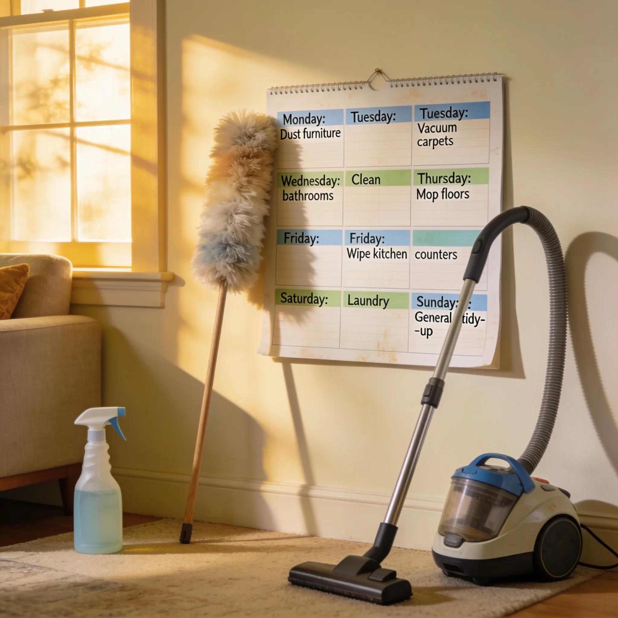 Cleaning schedule calendar with vacuum cleaner and cleaning supplies for home cleaning services in Nottingham.