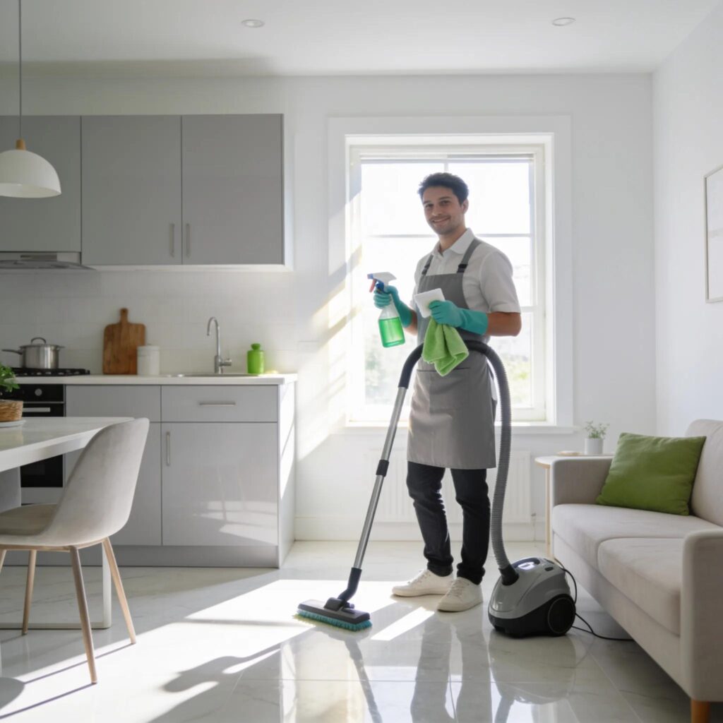 Professional cleaner with spray bottle and vacuum in renovated kitchen after builders cleaning.
